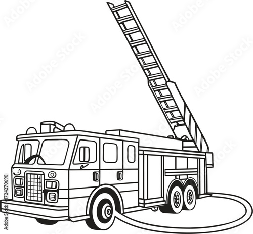Red fire truck with ladder and water hose illustration for advertisement
