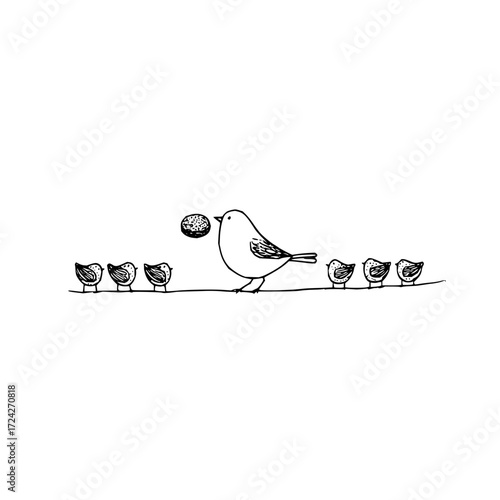 A bird perched on a wire with a nut above its head and several smaller birds lined up on the wire too