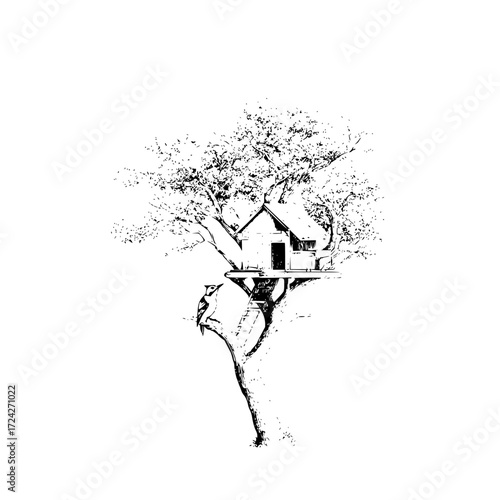 Illustration of a treehouse with a bird perched on the tree trunk in black and white drawing style