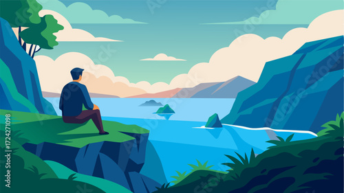 A solitary figure enjoys a moment of peace and inspiration while gazing out at a breathtaking cliff and the lush greenery below.. Vector illustration