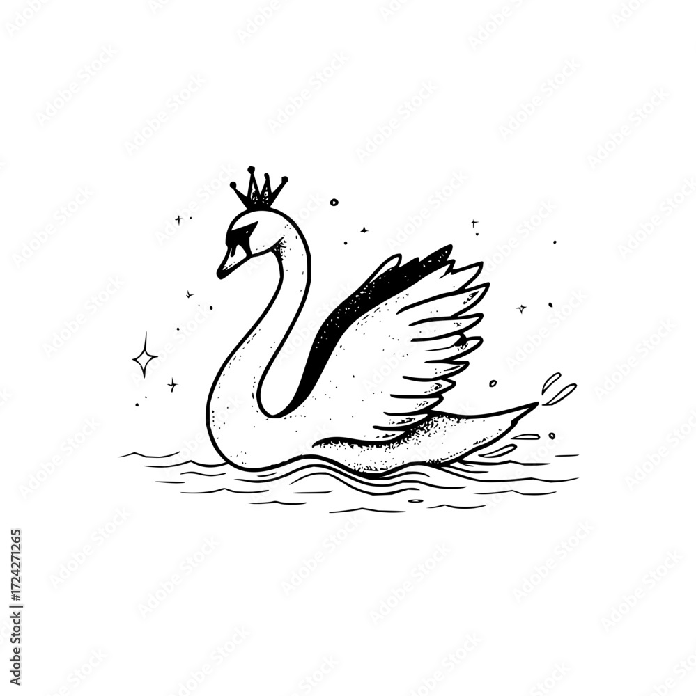 Fototapeta premium A whimsical illustration of a swan wearing a crown floating on water with sparkling accents on a white backdrop
