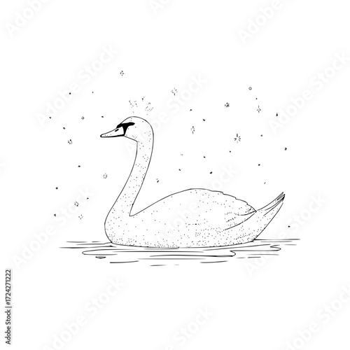Elegant swan floating gracefully on water with sparkle accents in a monochrome line art depiction