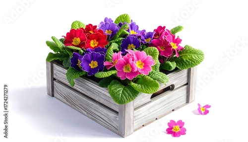 Colorful primroses in a wooden crate