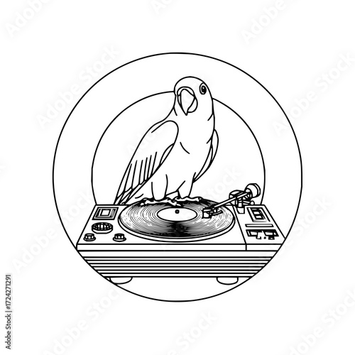 A line drawing of a parrot perched atop a turntable inside of a circle on a white background