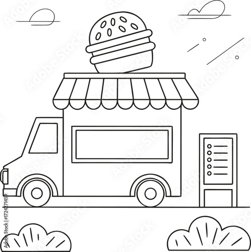 Food truck with menu board illustration on white background