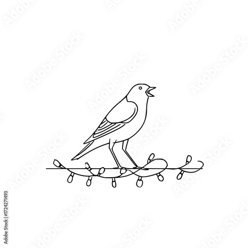A simple line drawing of a bird perched on a string of lights with a white background in the image