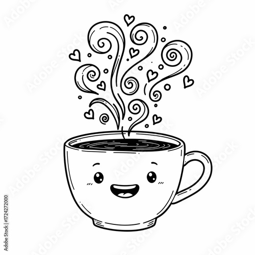 Cute cartoon coffee cup with steam swirls and hearts, a delightful illustration for coffee lovers