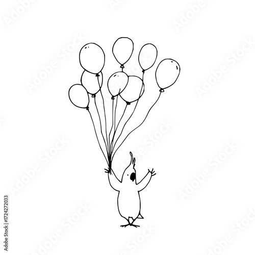 Illustration of a bird like creature holding a bunch of balloons with a white background drawing art