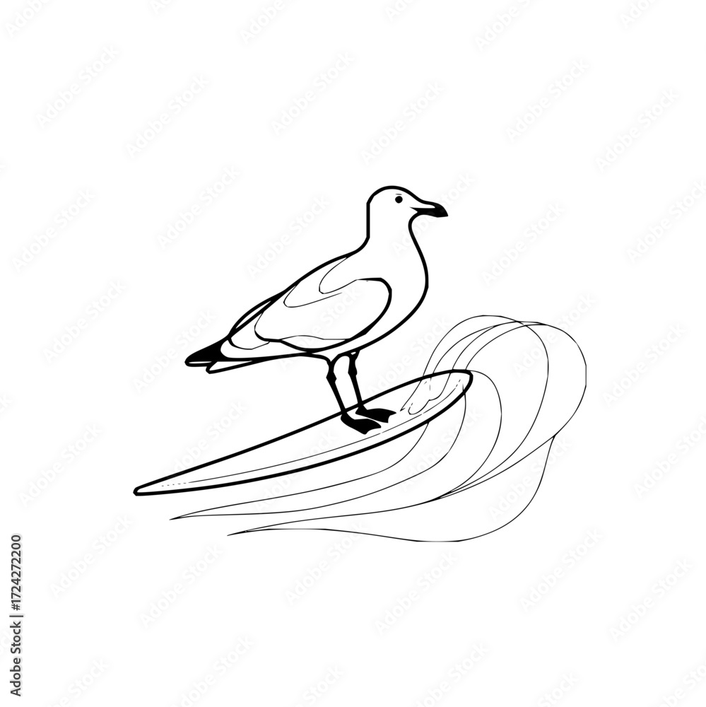 Fototapeta premium A seagull standing on a surfboard with abstract wave lines in a black and white line drawing style