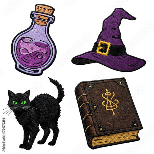 Witchcraft Icon Set for Halloween. Collection of magic symbols: witch hat, black cat, potion, grimoire. Isolated sticker style elements.