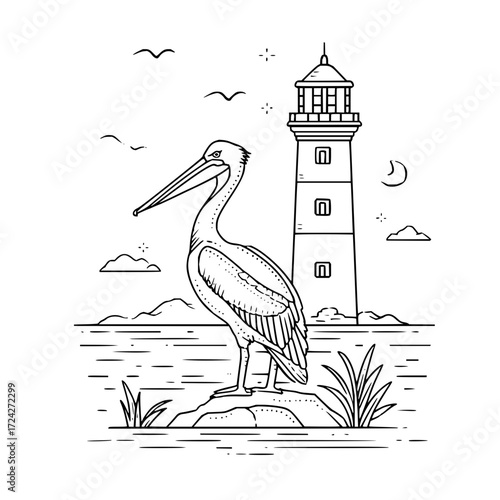 Pelican standing on a rock near water with a lighthouse and birds in the background line art drawing