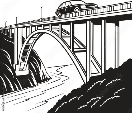 Modern bridge with a car driving across on a clean white background