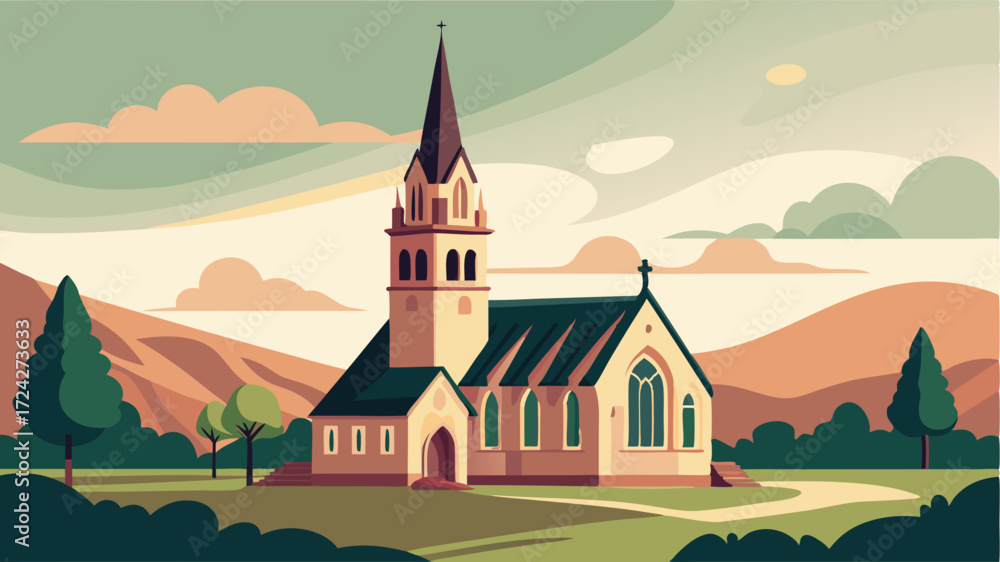 Naklejka premium From any angle a historic village church is a sight to behold with its towering spire reaching towards the heavens and its timeless beauty standing the test of time.
