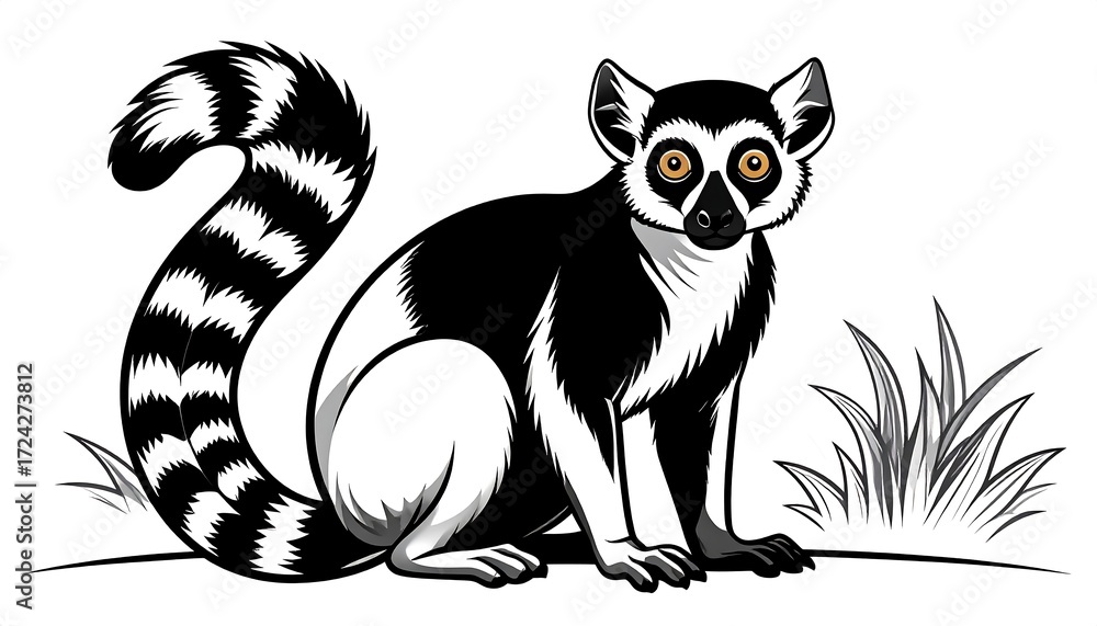 Fototapeta premium Outlined lemur, black and white, sitting