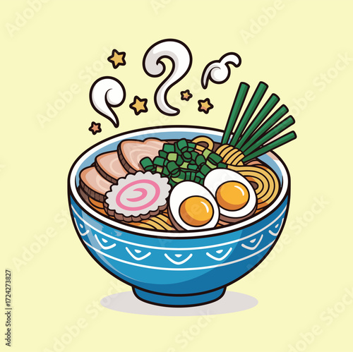 A cartoon illustration of a bowl of ramen with various toppings and decorative steam effects above it