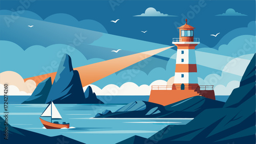 Guiding ships with its steady beam the lighthouse overlooks the rocky shoreline providing a peaceful setting for the crashing waves and circling gulls.