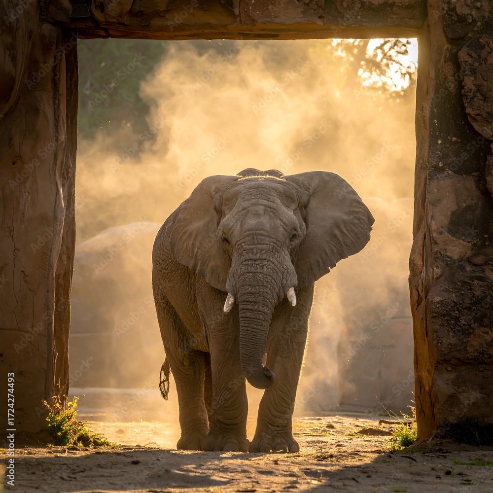 Obraz premium Elephant in a sunlit enclosure