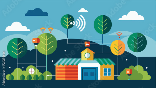 A farmwide network of sensors connected to an AI platform that continuously monitors and adjusts temperature humidity and lighting in different areas to optimize crop growth.. Vector illustration