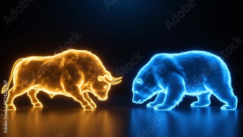 Fiery bull and bear clash in a dramatic showdown representing market forces.