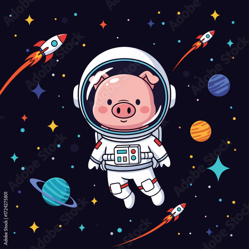 Adorable pig astronaut floats in colorful outer space surrounded by planets and rockets