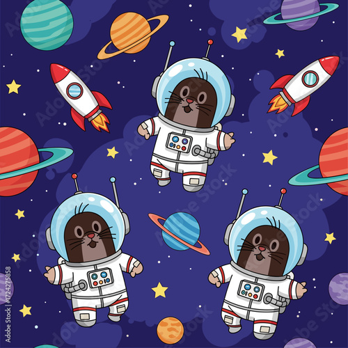Cute cartoon astronaut moles exploring space with rockets and colorful planets Ideal for kids design