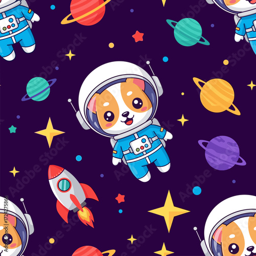 Adorable dog astronaut explores space with planets stars and rockets Fun design for kids