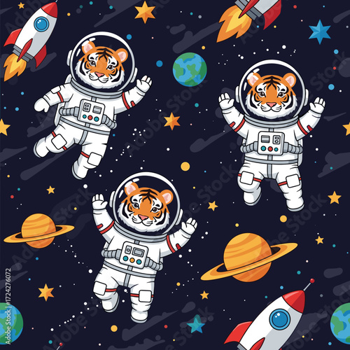 Cute cartoon tigers in astronaut suits floating in space with planets rockets and stars Fun adventure concept