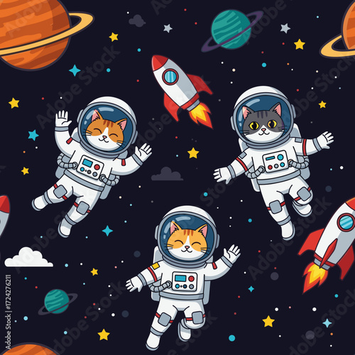Playful seamless pattern of adorable astronaut cats rockets and planets in space