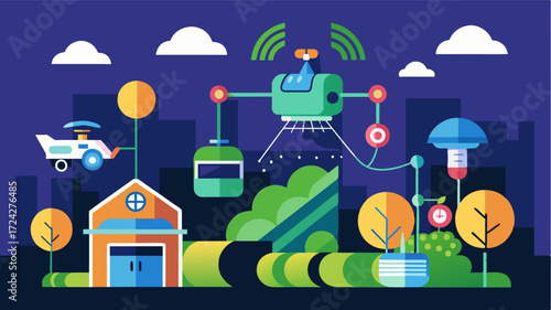 A futuristic representation of an integrated smart farm where irrigation systems are connected to other smart technologies such as automated harvesting and pest control for a fully. Vector
