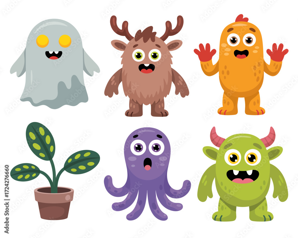 Naklejka premium A collection of six cute and friendly cartoon monsters with various shapes and colors, all smiling.