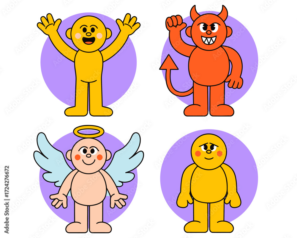 Fototapeta premium Four stylized cartoon characters: angel, devil, and two humanoids.