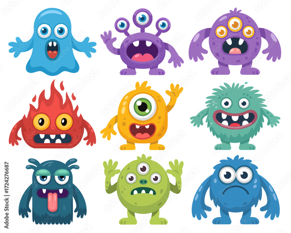 Obraz premium Collection of cartoon monsters with various expressions and colors.