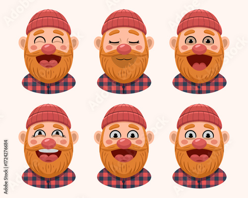 A set of six cartoon illustrations of a bearded man's face showing different emotions and expressions.
