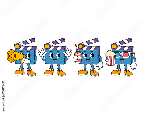 Four cartoon clapperboards with arms and legs, each holding different movie-related items.