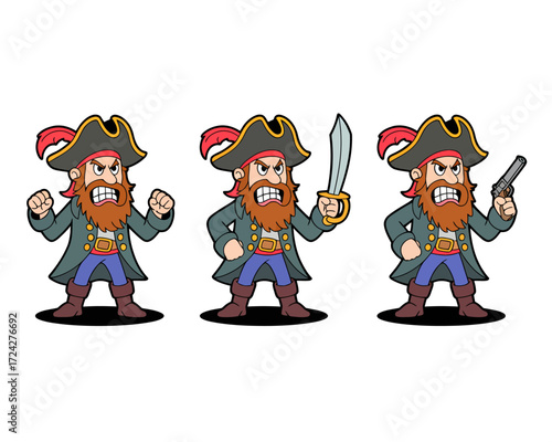 Cartoon pirate character with sword and gun.