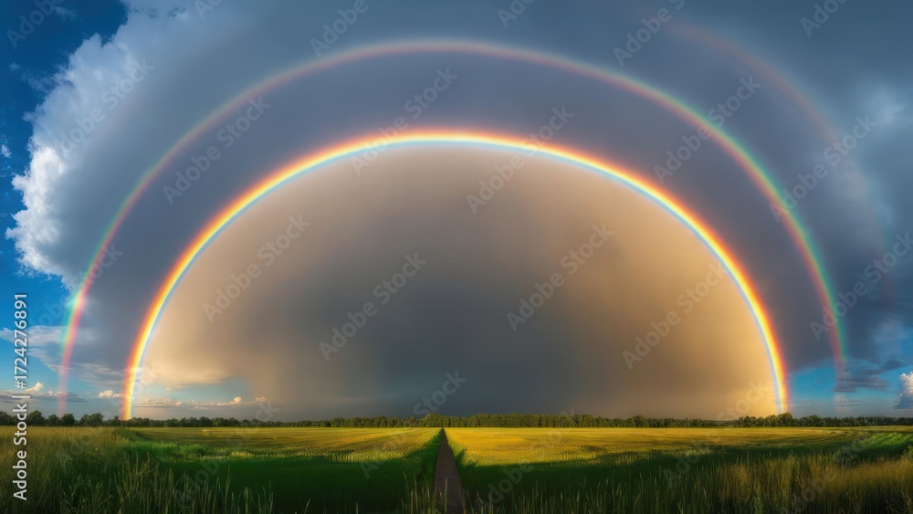 Naklejka premium Double rainbow arching over a vast field after a storm