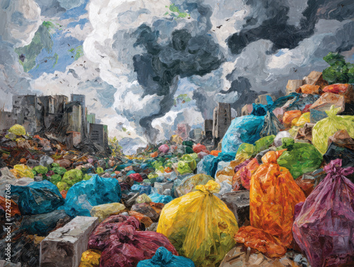 Colorful trash bags piled high against a backdrop of industrial buildings and a cloudy sky, illustrating urban waste and environmental concerns in a vivid artistic style.