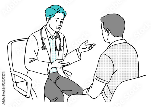 男性のカウンセリングをする笑顔の若い男性医師のおしゃれな線画アイコンベクターイラスト / 病院 / 診察 / 医者 / ラインアート