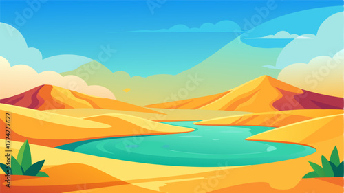 A vibrant oasis oasis beckons in the distance drawing travelers with promises of cool water and shade surrounded by a sea of golden sand and towering dunes.