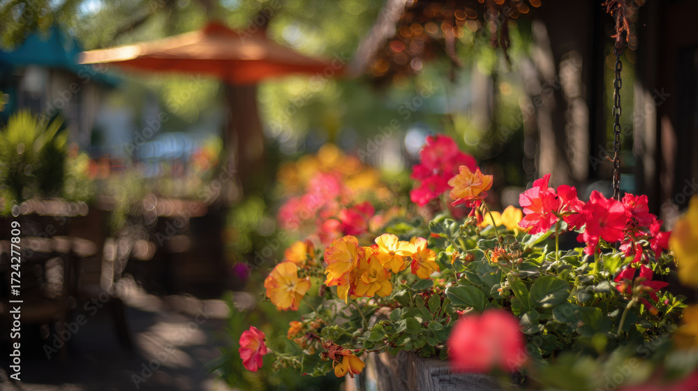 Obraz premium Bright flowers in vibrant colors blooming in hanging planters outside a cozy café with shaded seating areas under orange umbrellas and warm sunlight in the background.