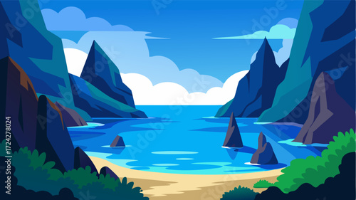 A secluded cove with towering rock formations framed by rolling hills and a deep blue horizon.