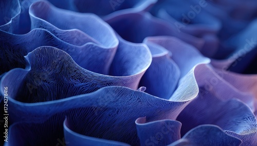 Abstract close-up of flowing, textured, deep blue and purple organic forms