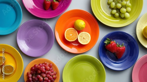 Top-down view of solid-colored plates in bright hues, each with a few fruits, arranged on a dining table, vivid and vibrant colors