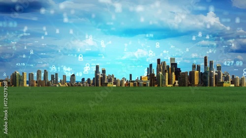 Seamless 4K animation of a high-tech city skyline overlaid with glowing data streams and code, perfect for tech, AI, or cyber themes.