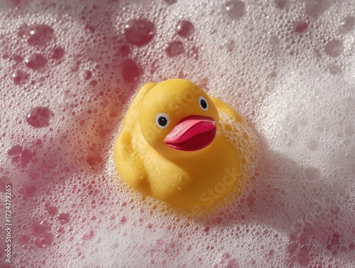 Yellow rubber duck in pink bubble bath