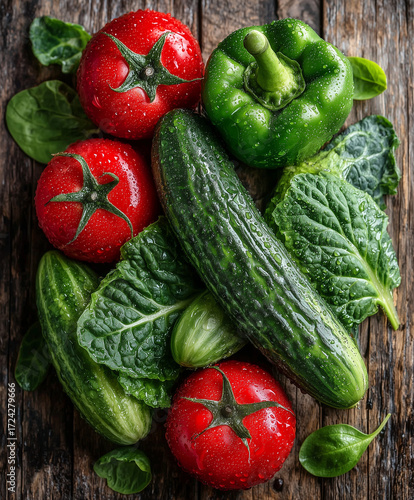 fresh healthy food, ripe red tomatoes, cucumbers, bell peppers, and leafy greens arranged beautifully on a rustic wooden table