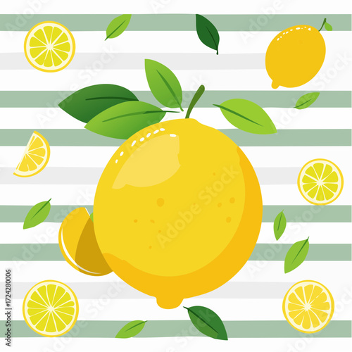 Yellow Lemon Fruit with Green Leaves on Striped Background
