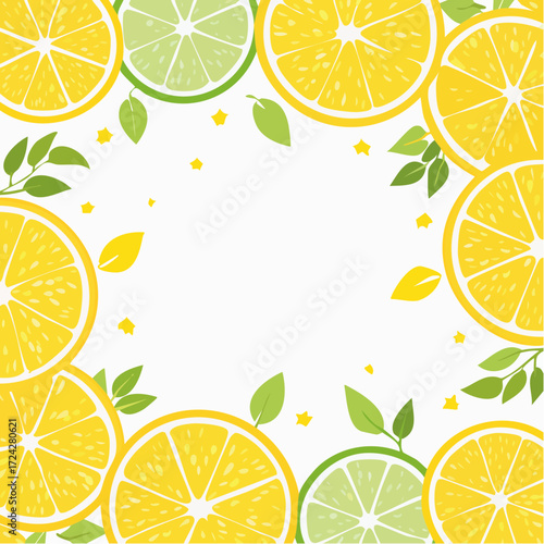 Vibrant Lemon and Lime Citrus Fruit Frame with Green Leaves