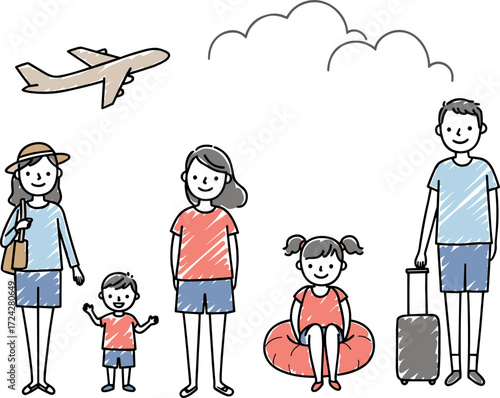Family traveling together with luggage and plane in flat style outline  