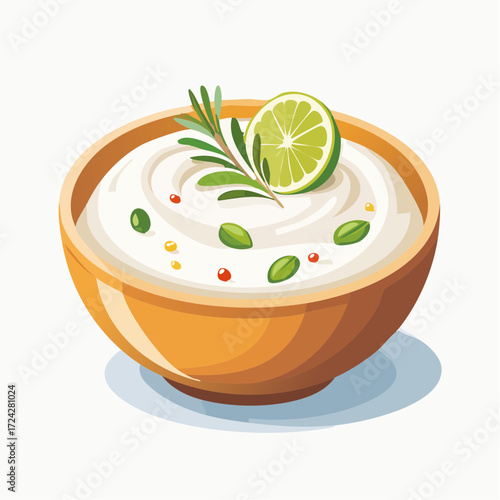 Creamy Dip with Lime and Rosemary in Wooden Bowl